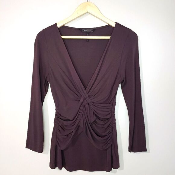 🦋3/$25 BCBGMaxAzria Small Brown Faux Wrap Ruched Long Sleeve Top - Picture 1 of 9